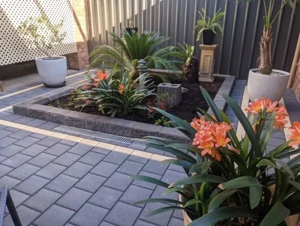 patio paving using concrete pavers with raised garden bed in Golden Grove