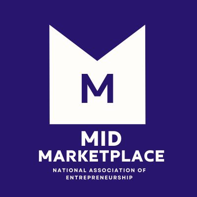 Logo of Mid Marketplace with a bold M on blue and white background.