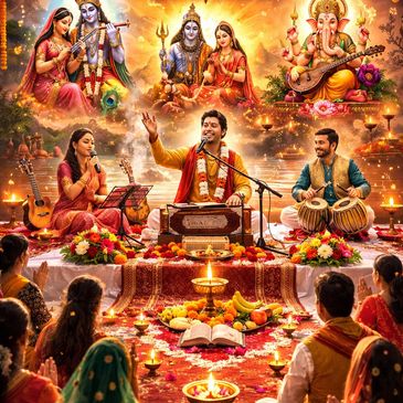 Devotional musical gathering with traditional instruments and worship of Hindu deities.