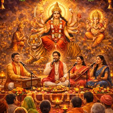 Devotees singing bhajans in front of goddess Durga and Lord Ganesha.