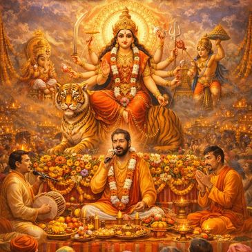 A vibrant Hindu devotional scene with Goddess Durga and devotees.
