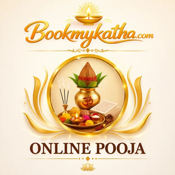 Logo for Bookmykatha.com offering online pooja services with traditional Hindu ritual items.