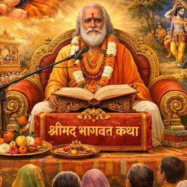 A spiritual guru narrates the Shri Bhagwat Katha to an audience.