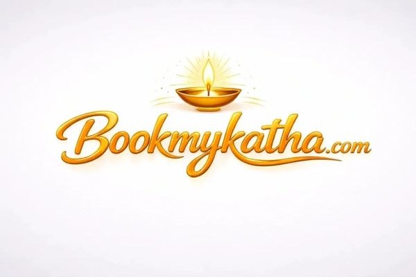 Logo of Bookmykatha.com with a glowing diya above the text.
