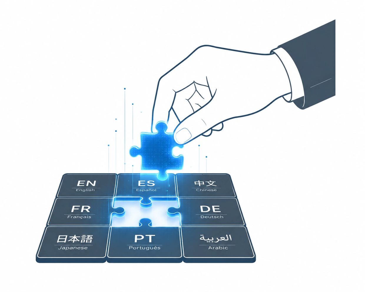 Hand placing a blue puzzle piece labeled Español among other language options.