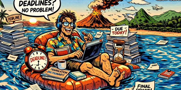 A relaxed man laughs off deadlines while surrounded by urgent work on a tropical island.