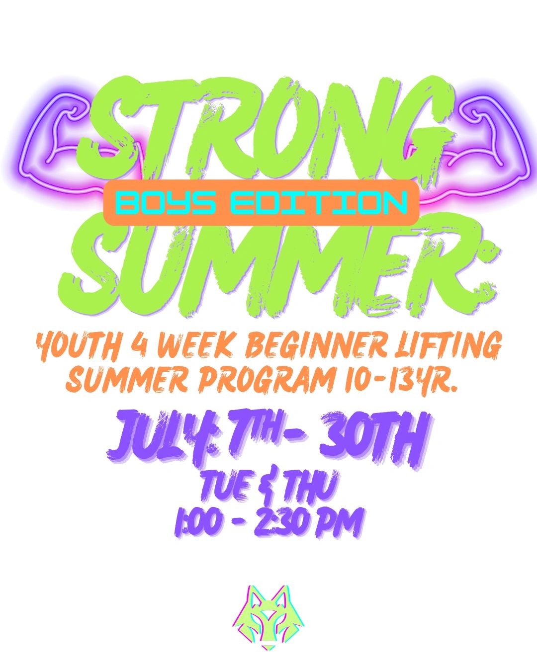 Bright flyer for a boys' beginner lifting summer program.
