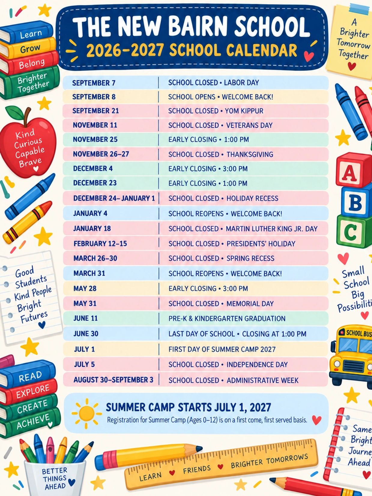 School calendar for 2026-2027 with key dates and holidays.