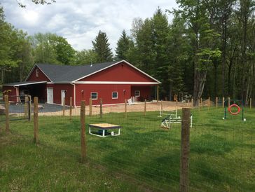 Climate controlled, fully matted training building on 18 acres. 100 x 100 fenced agility field.