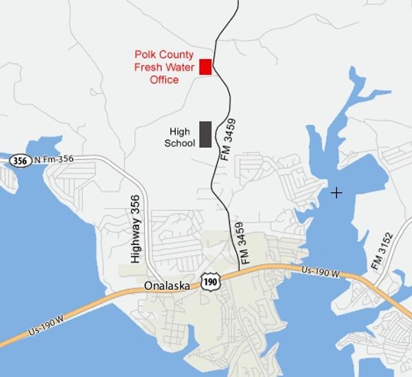 Map showing Onalaska with Polk County Fresh Water Office and High School.