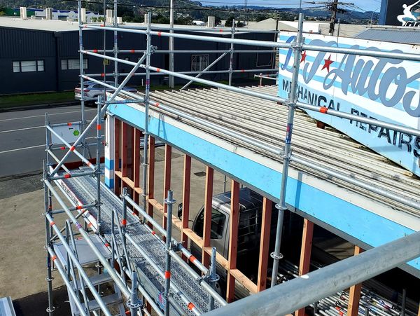 Scaffolding around former BJ Autos premises in Morningside Whangarei