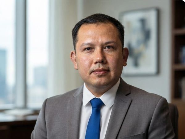 Professional man in a gray suit and blue tie.