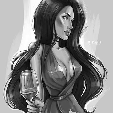 Cartoon brunette woman with red dress and wine glass