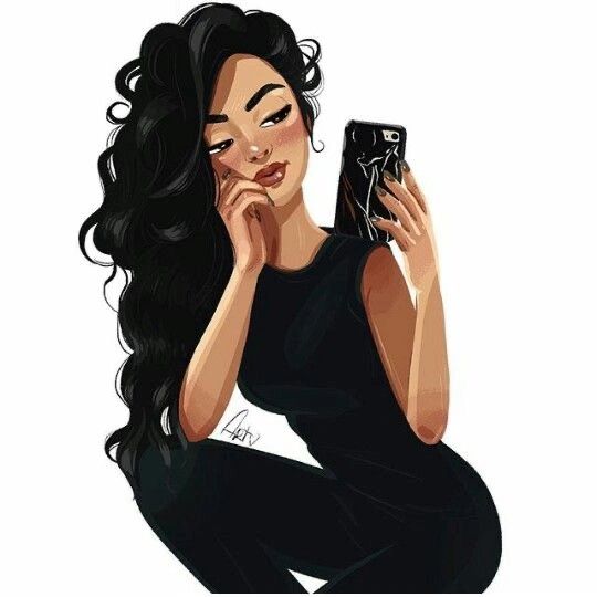 Cartoon brunette girl looking at her phone 