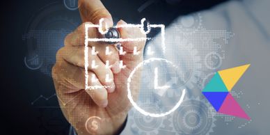 Image of person drawing on a calendar, with clock image and CalendarHero logo