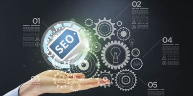 Image of a hand with gears and the acronym SEO