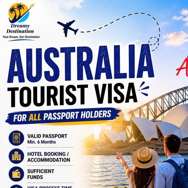 Australia tourist visa info with Sydney Opera House background.