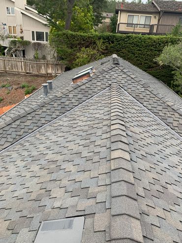 Roof with shingles, skylight, vent, and pipes.