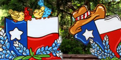 Decorative Texas-themed art with stars and birds.