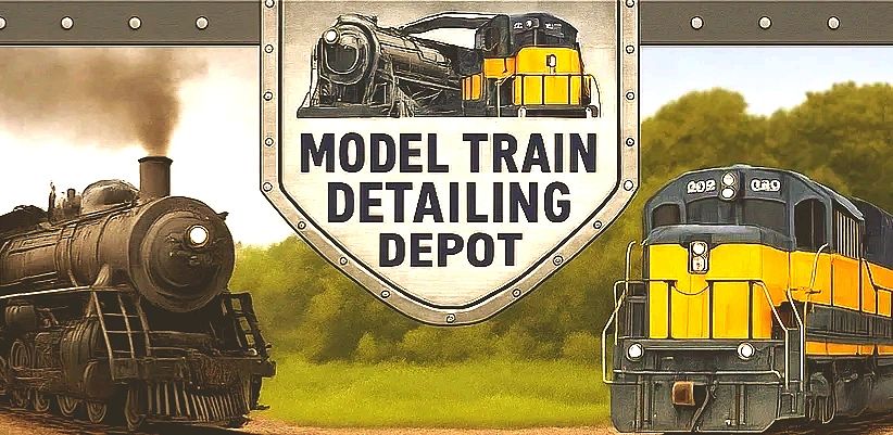 Sign for Model Train Detailing Depot with two detailed train illustrations.