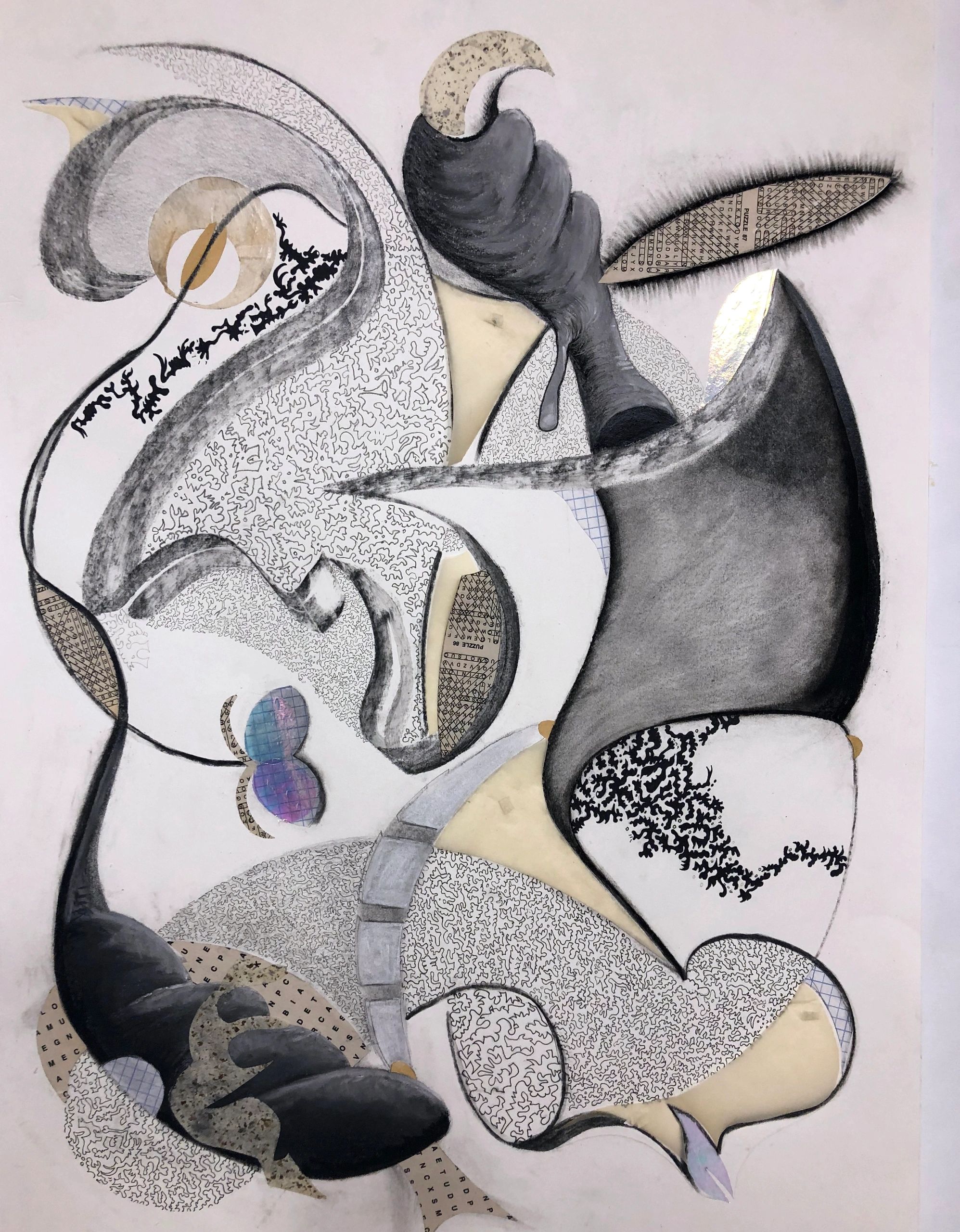 Collage, graphite, ink, charcoal on archival paper, mixed media, whimsical abstract art 