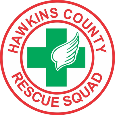 Hawkins County Rescue Squad logo with green cross and wing symbol.