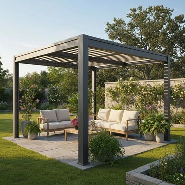 Modern outdoor pergola with cozy seating and lush greenery.