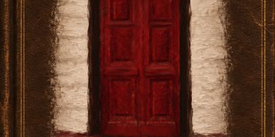 A closed red wooden door with white textured walls.