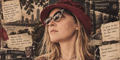 Woman with glasses and hat amidst New York and Texas imagery.