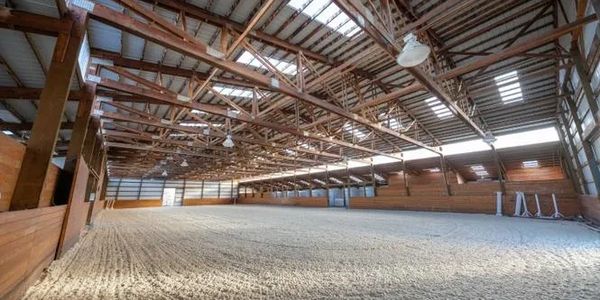 Spacious indoor horse riding arena with wooden beams and natural lighting.