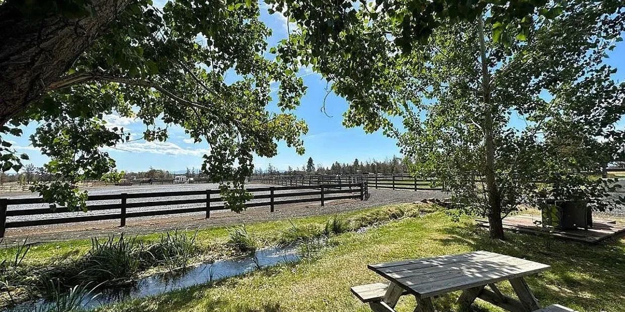 Sunny day at a peaceful park with a picnic table by a small stream and fenced fields.