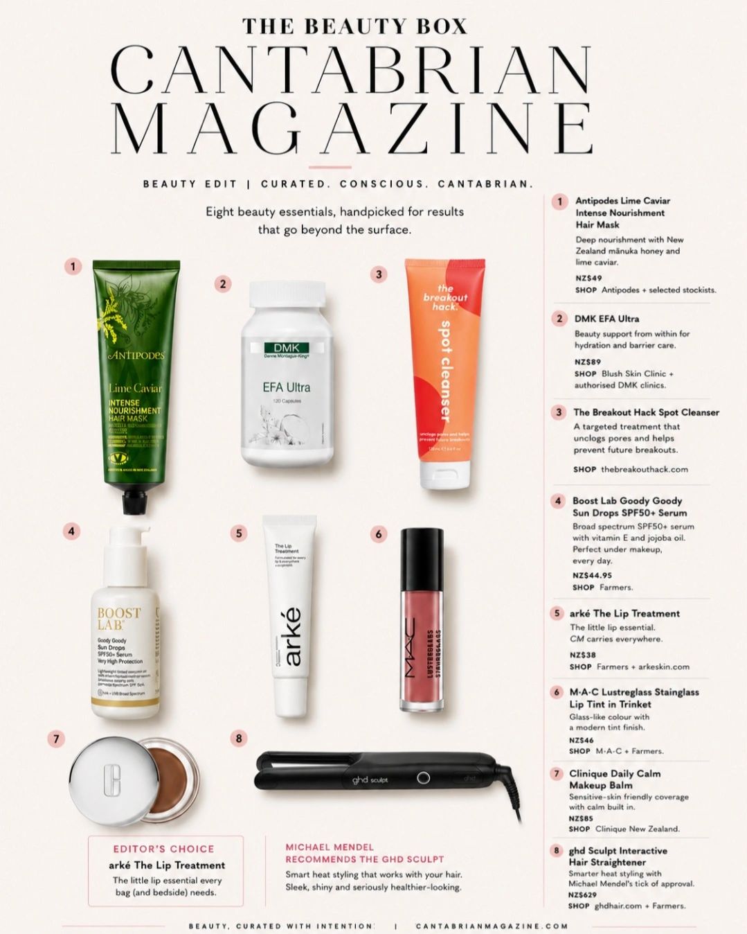 Beauty essentials featured in Cantabrian Magazine's curated beauty box.