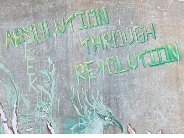 Graffiti art with words 'Resolution Through Revolution' and a bird illustration on a textured wall. Painting of a child praying to a colorful phoenix with the words 'Absolution Through Revolution'. Palestinian political art of children, mixed media depicting a Palestinian boy praying, rising Phoenix from the ashes; concrete, acrylic and oil painting
