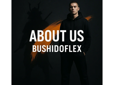 Young man stands confidently in black hoodie with samurai shadow and 'About Us Bushidoflex' text.
