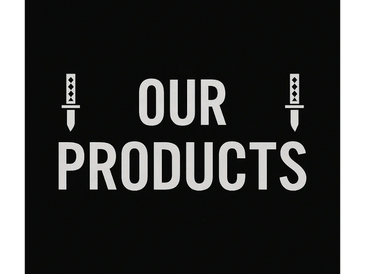 Black background with white text 'Our Products' and two katana sword icons.