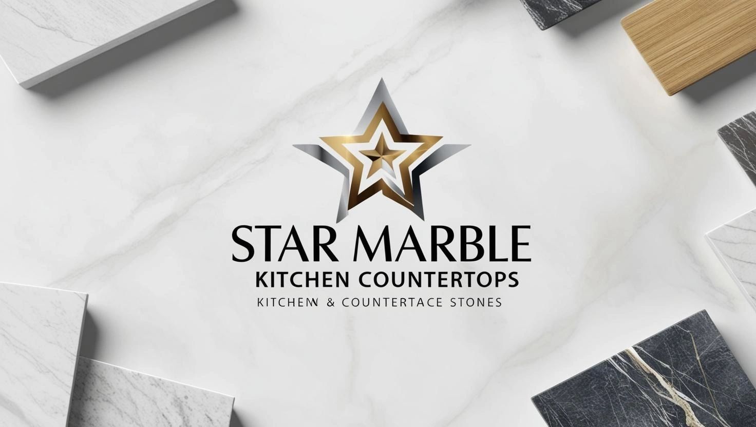 Logo for Star Marble kitchen countertops with star design on marble background.