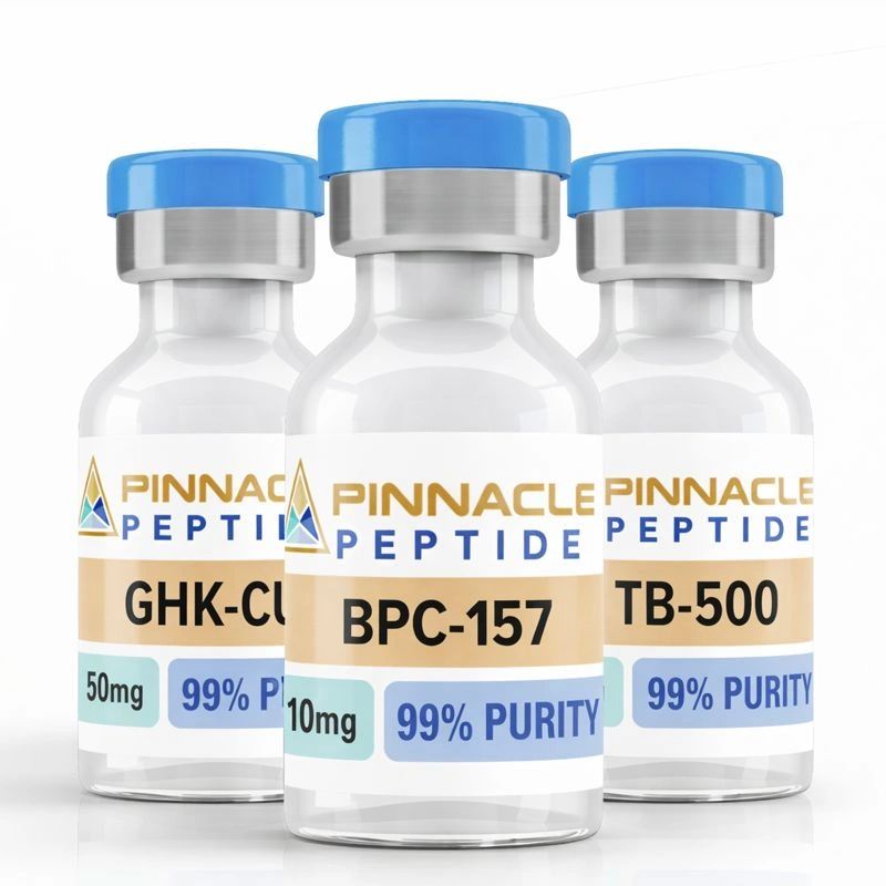 Peptide research vials, featuring BPC-157, GHK-CU and TB-500, with 99% purity.
