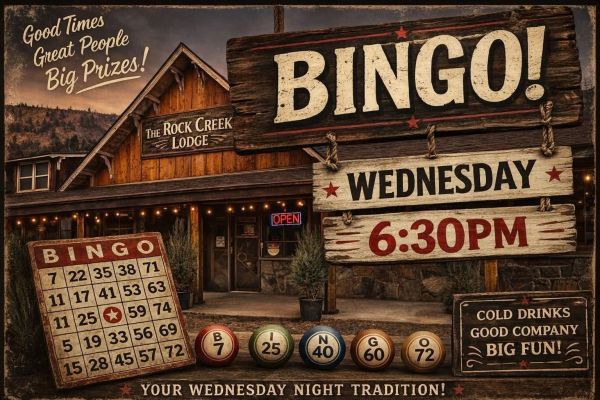 Vintage-style bingo night advertisement at The Rock Creek Lodge.