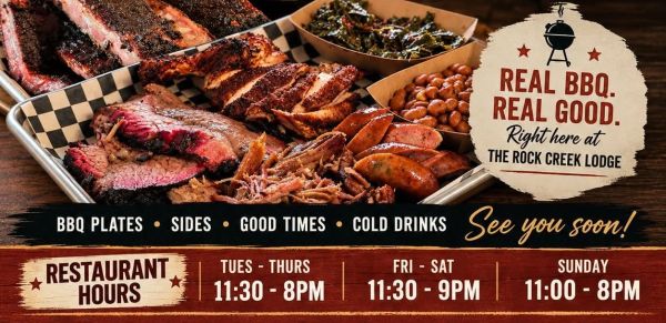 BBQ meal featuring meats and sides at The Rock Creek Lodge.