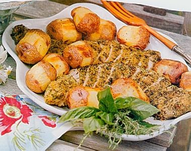 Close up shot of tasty food with meat and potatoes