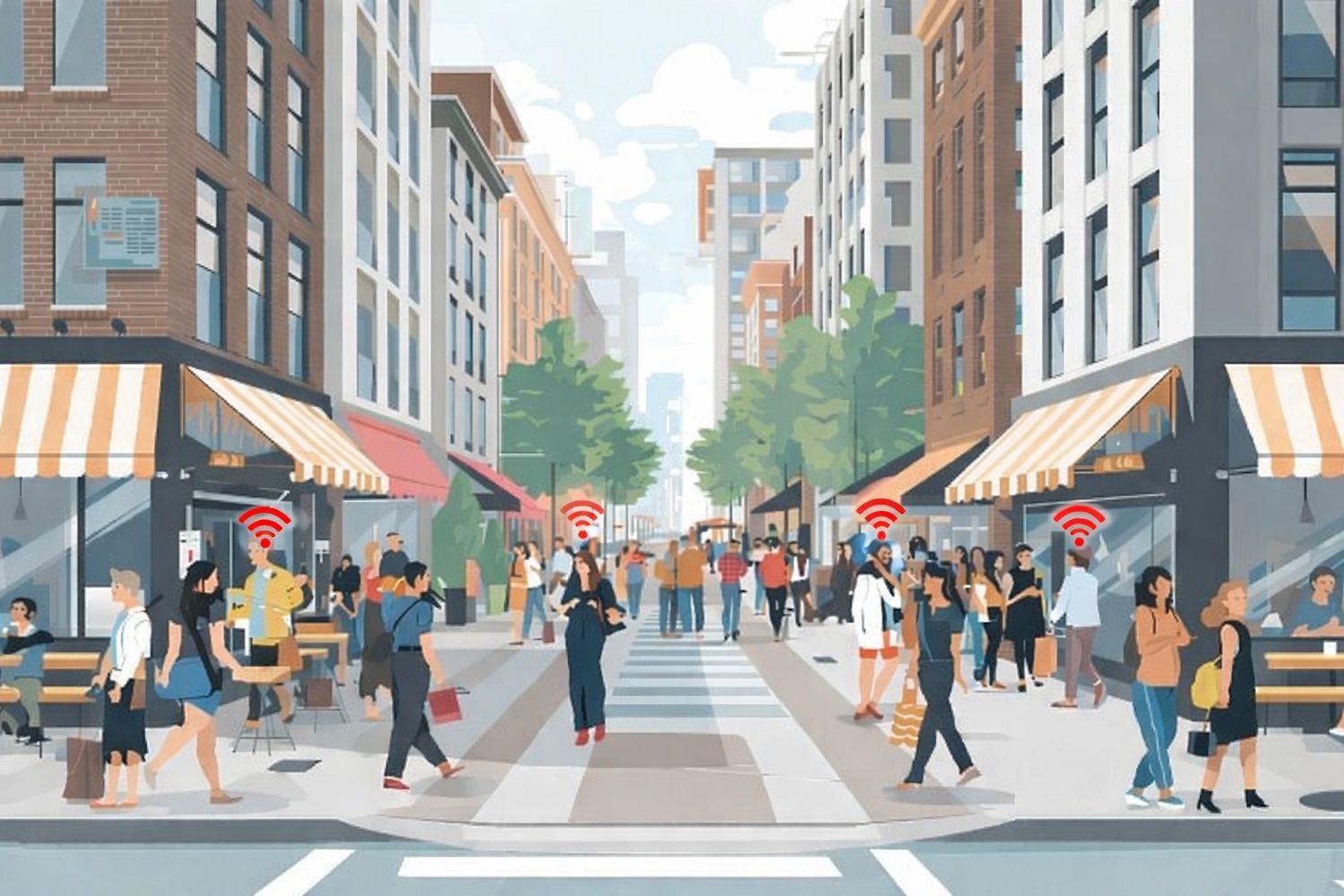 People walking in a city with Wi-Fi signals above some heads.