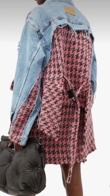 Fashionable jacket combining denim and pink houndstooth fabric with a quilted black handbag.