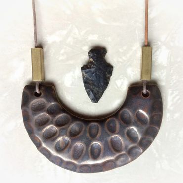 brass primitive necklace ceramics jewelry gold metallic clay ceramics Linda Coss Earth & Twine maker