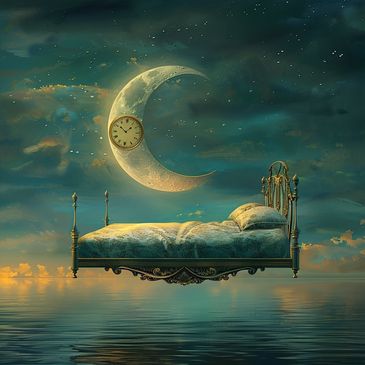 dreamscape of floating bed over ocean with moon clock overcome insomnia fast without medication