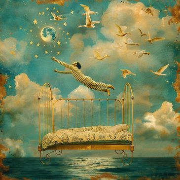 flying man in a dream over a floating bed in the clouds beat insomnia fast without medication