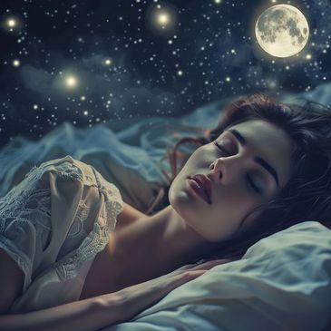 A woman has overcome insomnia and sleeps peacefully on a cloud with moon and stars in the background