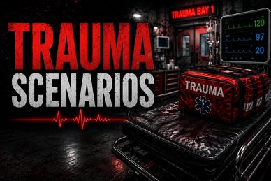 Trauma scenarios depicted with emergency medical equipment and a trauma bay entrance.