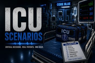 ICU scenarios with critical care equipment and checklist in a dimly lit hospital room.