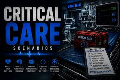 Medical equipment and critical care plan highlight urgent patient care scenarios.