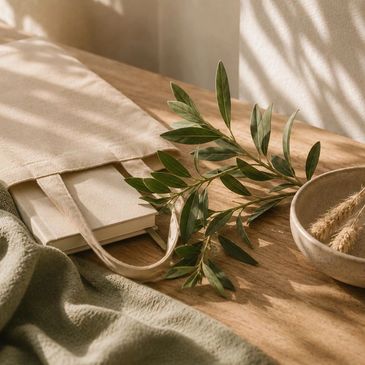 A cozy scene with a tote bag, book, green leaves, and soft sunlight shadows.